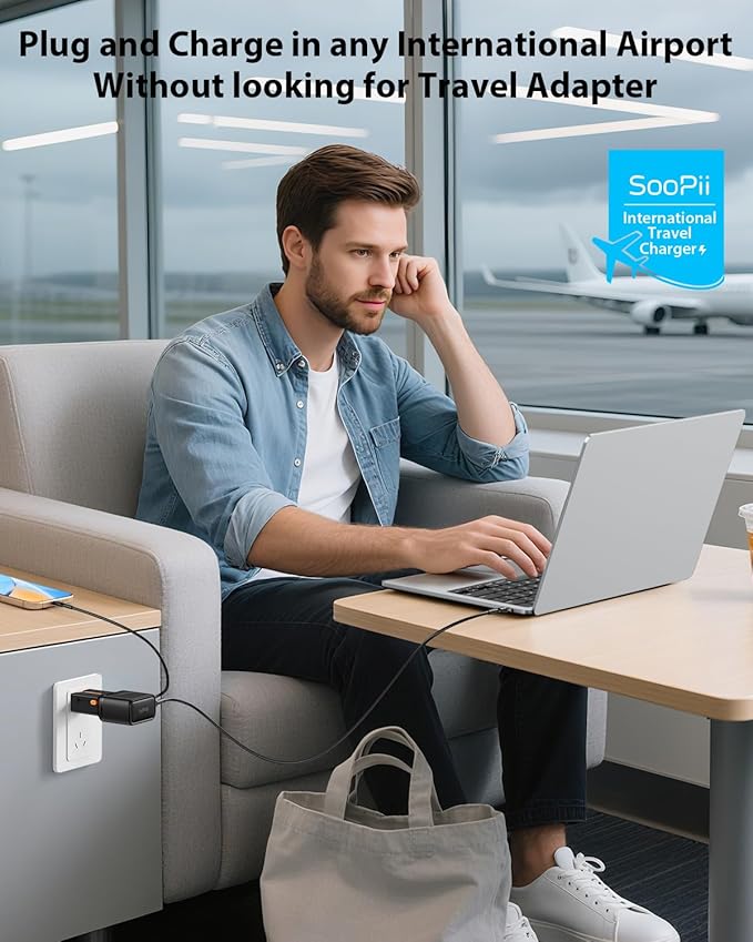 SooPii Gan USB C Charger 45W, 2 Port PD PPS Universal Travel Adapter, All-in-One Travel Charger with US UK EU AU Plug for for Galaxy S25/S24/Note 20, iPhone 16/15/14, iPad, MacBook, Pixel