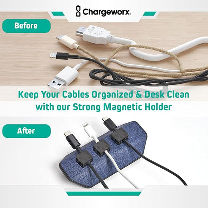 CHARGEWORX Magnetic Cable Organizer – Weighted Non-Adhesive Cord Holder with 3 Magnetic Clips for USB-C, Lightning & MagSafe Cables – Desk, Office & Nightstand Cable Management