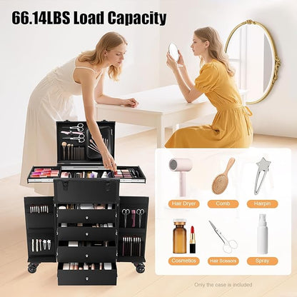Professional Rolling Makeup Case 4 Drawers Pro Artist Cosmetic Train Cases Hairstylist Travel Case with Multiple Compartments & Hair Dryer Holder