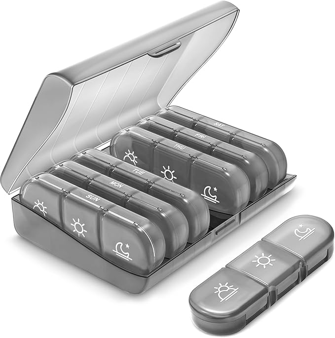PULIV Weekly Pill Organizer 3 Times a Day, Portable Travel Pill Box 7 Day with Large Pill Containers, Light-Proof Pill Case for Vitamins, Medication, Supplements and Fish Oils (Gray)