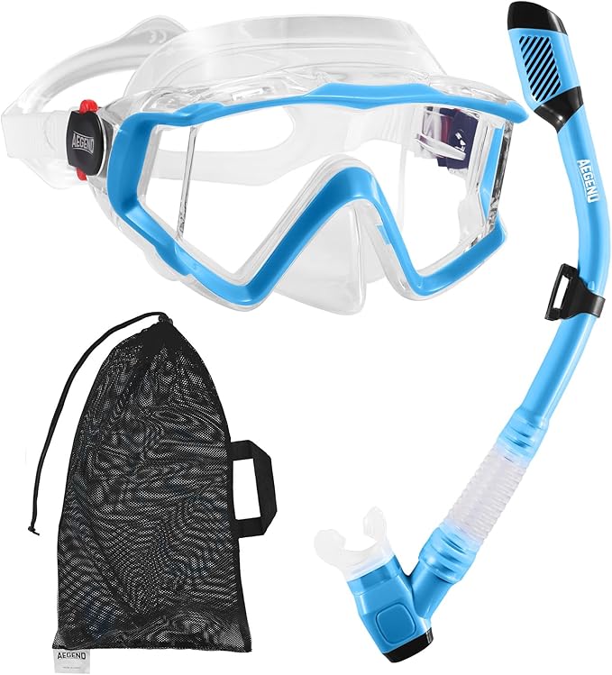 Aegend Snorkeling Gear for Adults Youth Kids, Dry Snorkel Set Panoramic View Enhanced Anti-Leak and Anti-Fog Technology, Adjustable Strap for Snorkeling Scuba Diving Swimming with Mesh Bag