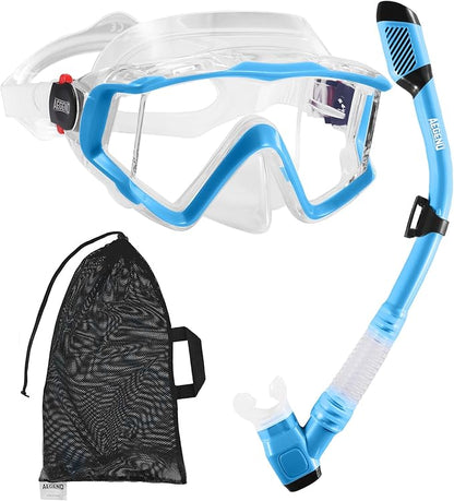 Aegend Snorkeling Gear for Adults Youth Kids, Dry Snorkel Set Panoramic View Enhanced Anti-Leak and Anti-Fog Technology, Adjustable Strap for Snorkeling Scuba Diving Swimming with Mesh Bag