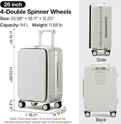 mixi Large Checked Luggage with Cup Phone Holder and Charger Hard Shell Suitcases with Spinner Wheels, 26 Inch Smoke White