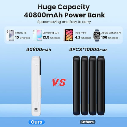 Portable Charger 40800mAh for iPhone with Built-in Cable and iWatch Charger, 25W PD Fast Charging USB C Power Bank,Travel Camping Essentials Battery Pack for iPhone 17/16/15/14/13,Android,Apple Watch