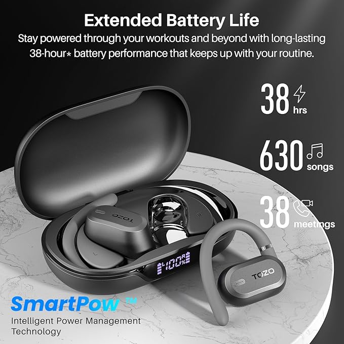 TOZO OpenWear Open Ear Headphones, Adjustable Ear Hooks, Ultra Comfort, Punchy Bass Bluetooth Headphones 5.4 with Smart Digital Display, Immersive Audio Earbuds, Stereo Bass, Fast Charging