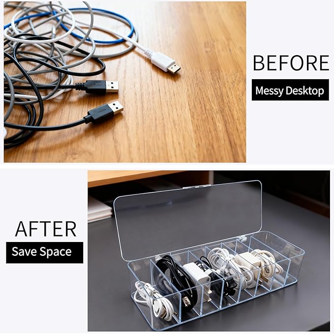 Cheardia 4 Pack Cable Storage Organizer, 10 In Plastic Cord Storage Box with 30 Wire Ties, Clear Charger Organizer with Lid for Office Home Desk Accessories