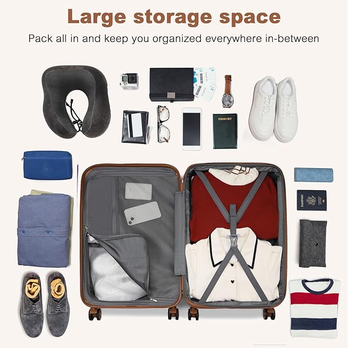 Kono Medium Sized Checked Luggage, 24 Inch Expandable with Spinner Wheels, TSA Lock, ABS + PC Lightweight Travel Suitcase with Larger Capacity and Lighter Weight, Grey Brown