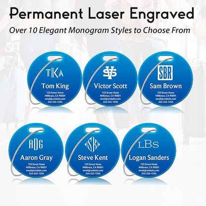Personalized Luggage Tags for Suitcases - Stainless Steel Custom Luggage Tags for Backpacks & Bags, Sturdy, Waterproof & Heavy Duty (Blue/Round)