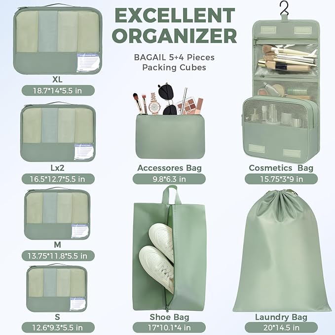 BAGAIL 9 Set Packing Cubes Luggage Packing Organizers for Travel Accessories
