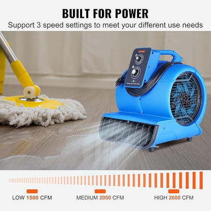 VEVOR Air Mover, 1/2 HP 2600 CFM Carpet Dryer for Cooling and Ventilating, Portable Floor Blower Fan with 4 Blowing Angles and Time Function, for Janitorial, Home, Commercial Use