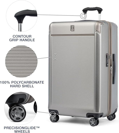 Travelpro Platinum Elite Hardside Expandable Checked Luggage, 8 Wheel Spinner, TSA Lock, Hard Shell Polycarbonate Suitcase, Metallic Sand, Checked Large 28-Inch
