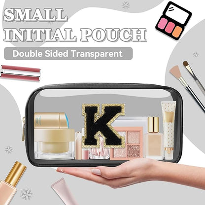 Small Clear Personalized Initial Makeup Bag,Nylon Preppy A-Z Chenille Letter Patch Cosmetic Pouch Beach Toiletry Bag,Waterproof Zipper Travel Purse Storage Bag Organizer for Women Girls(Black-Black K)