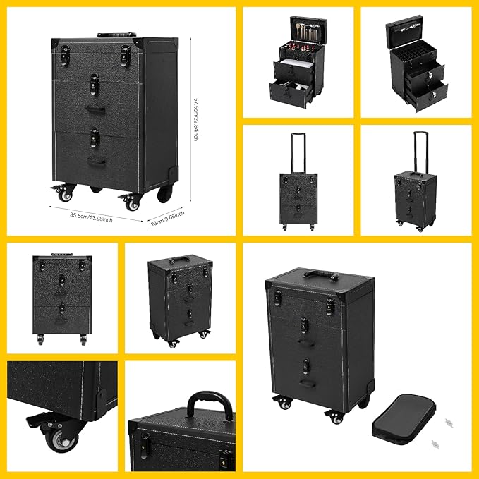 Rolling Makeup Case w/ 4 Keys, 3-tier Lockable Makeup Train Case w/ Drawers, Detachable Nail Polish Organizer, Travel Cosmetic Case w/ 3-gear Telescopic Rod, 13.98*9.06*22.64in, Black Latch+Black