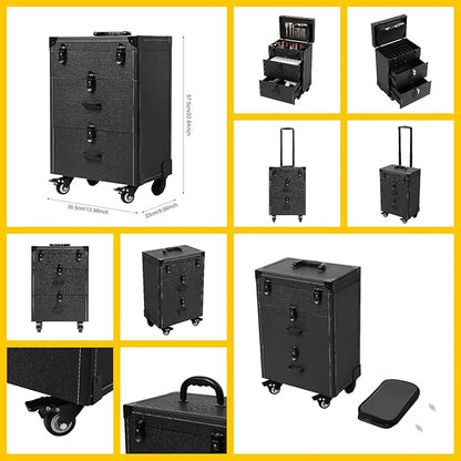 Rolling Makeup Case w/ 4 Keys, 3-tier Lockable Makeup Train Case w/ Drawers, Detachable Nail Polish Organizer, Travel Cosmetic Case w/ 3-gear Telescopic Rod, 13.98*9.06*22.64in, Black Latch+Black