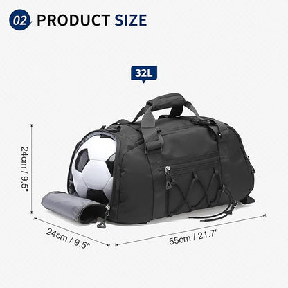 Unisex Travel Duffle Bag for Men Women, Waterproof Gym Bag with Shoe Compartment & Football Compartment, 32L Carry on Bag for Sports & Fitness, Black