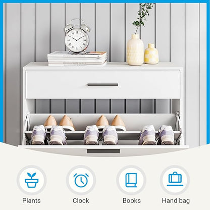 Narrow Shoe Storage Cabinet - Slim Shoe Cabinet with 2 Flip Drawers White Shoe Organizer Cabinet for Entryway & Front Door Entrance