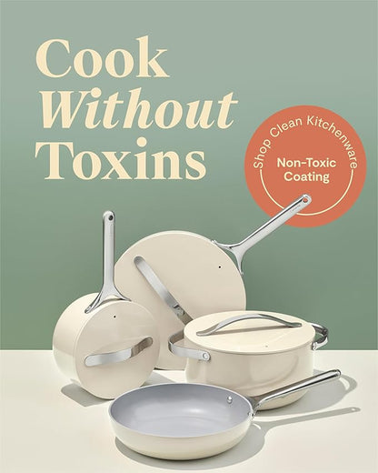 Caraway Nonstick Ceramic Cookware Set (12 Piece) Pots, Pans, Lids and Kitchen Storage - Non Toxic - Oven Safe & Compatible with All Stovetops - White