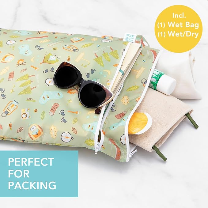 Bumkins - Waterproof Wet and Wetdry Bags - For Beach, Baby, Travel, Swim Suit, Cloth Diapers, Pump Parts, Pool, Gym, Toiletries - Reusable & Easy to Clean - Camp Gear Green - 2 Pack