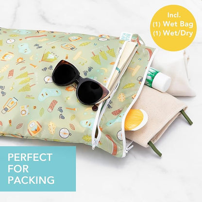 Bumkins - Waterproof Wet and Wetdry Bags - For Beach, Baby, Travel, Swim Suit, Cloth Diapers, Pump Parts, Pool, Gym, Toiletries - Reusable & Easy to Clean - Camp Gear Green - 2 Pack
