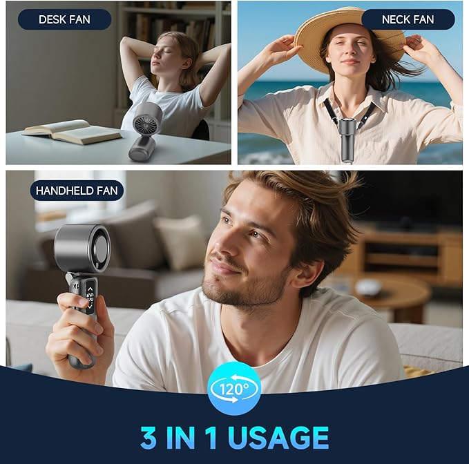 Portable Handheld Turbo Fan, 1-100 Gear Wind, Battery Operated, Up to 23 Working Hours, 3 IN 1 Personal Fan with Air Turbo Tech, Cooling Essentials for Indoor/Outdoor(Grey)