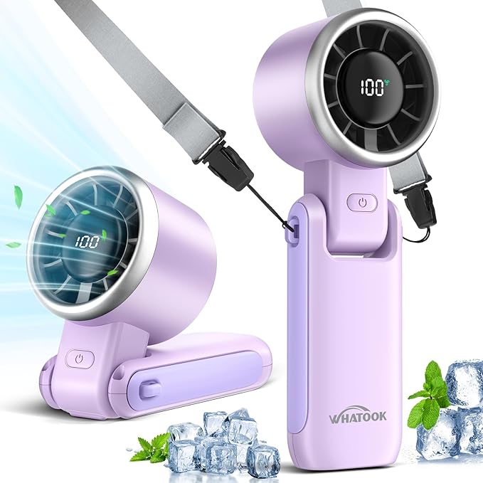 WHATOOK Portable Fan Handheld Mini Fan: Travel Fans with Air Turbo Tech, 4000mAh Battery with LED Display, 5 Gear Wind, 3 in 1 Foldable Small Hand Fans for Makeup, Outdoor, Working, Shopping (Purple)