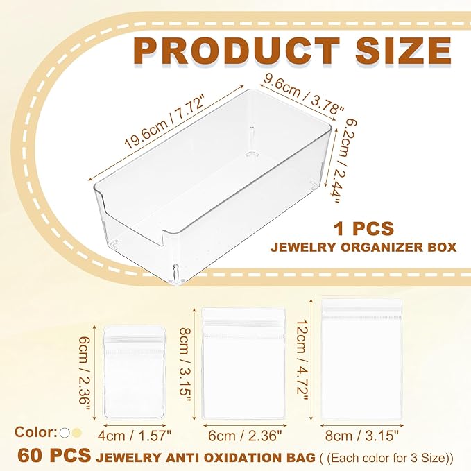 PATIKIL Clear Jewelry Box, Organizer Holder Box with 60 Pcs Portable Anti Tarnish Jewelry Bags, Travel Case for Women Earrings Rings Necklaces, White, Yellow 3 Size