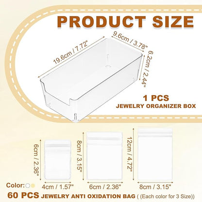 PATIKIL Clear Jewelry Box, Organizer Holder Box with 60 Pcs Portable Anti Tarnish Jewelry Bags, Travel Case for Women Earrings Rings Necklaces, White, Yellow 3 Size