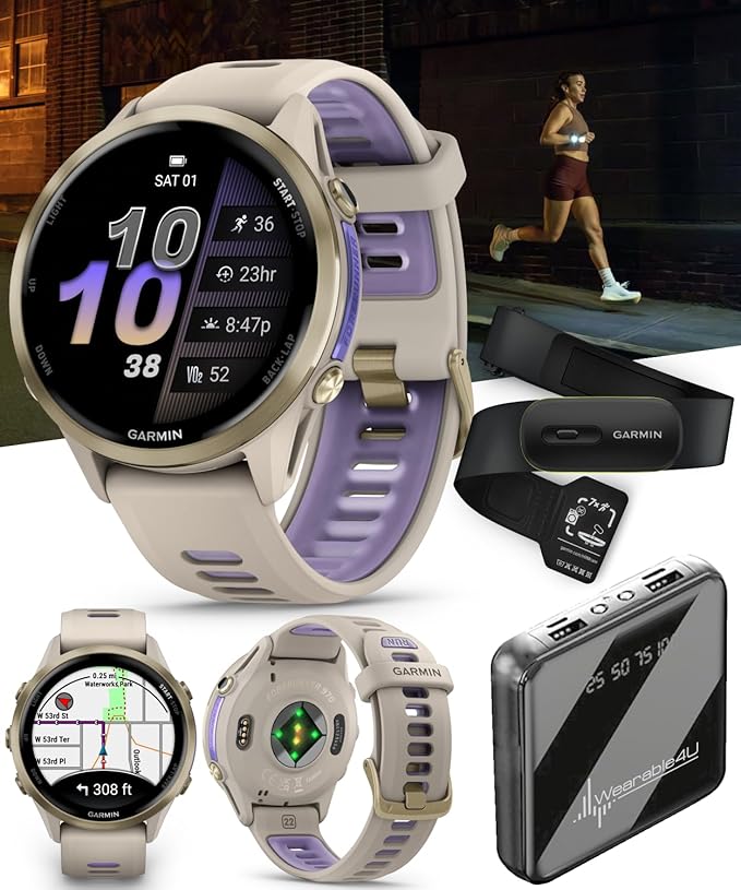Wearable4U Garmin Forerunner 970 Soft Gold Titanium Smartwatch with French Gray Case and French Gray/Translucent Indigo Band, AMOLED Display with Garmin HRM 600 S Power Bank Bundle