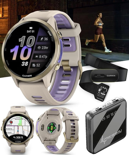 Wearable4U Garmin Forerunner 970 Soft Gold Titanium Smartwatch with French Gray Case and French Gray/Translucent Indigo Band, AMOLED Display with Garmin HRM 600 S Power Bank Bundle