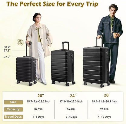 AnyZip Suitcase Hardside PC ABS Lightweight USB Luggage with Wheels TSA Lock Checked-Large 28 Inch Black