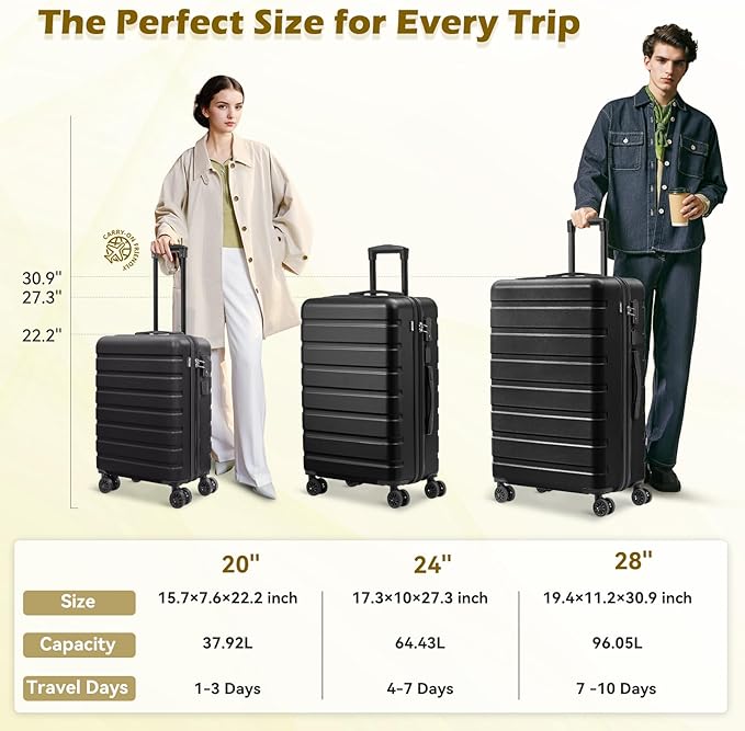 AnyZip Suitcase Hardside PC ABS Lightweight USB Luggage with Wheels TSA Lock Checked-Medium 24 Inch Black