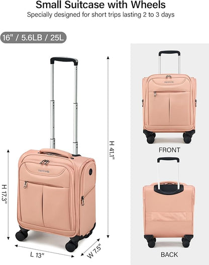 Hanke Underseat Carry On Luggage with Wheels, Lightweight Small Suitcase Airline Approved 16 Inch Softside Personal Item Travel Bag for Women Men, Compact Under Seat Luggage with Spinner Wheels.(Pink)