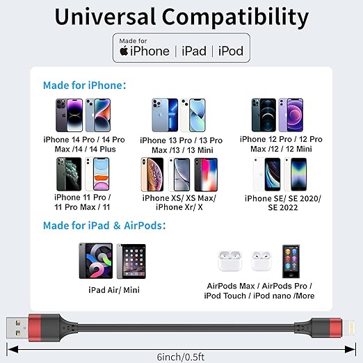 6 inch Short Lightning Cable Bulk 10Pack, [MFi Certified] Multipack 0.5ft iPhone Charge Cable, Short USB to Lightning Cord for Charging Stations, iPhone 14 13 12 11 Pro Max 8 7 6 iPod iPad