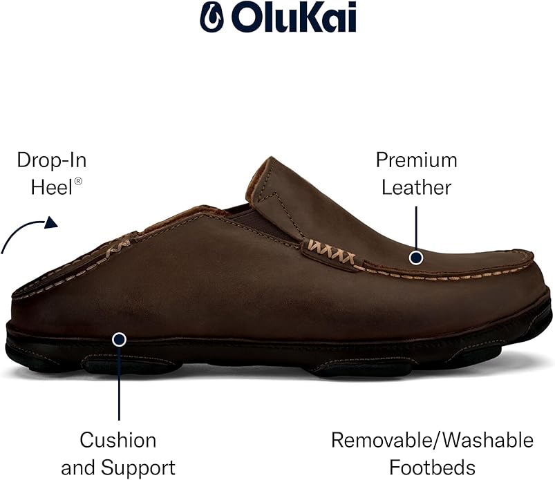 OLUKAI Moloa Men's Premium Leather Shoes, Easy Slip On & Off Design, Casual & Versatile Loafer, Drop-in Heel & Enhanced Traction