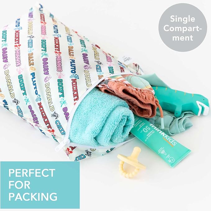 Bumkins - Waterproof Wet Bag & Wet/Dry Clutch Bags - For Beach, Baby, Travel, Swim Suit, Cloth Diapers, Pump Parts, Pool, Gym, Toiletries - Reusable & Easy to Clean - Mickey and Friends White - 2 Pack