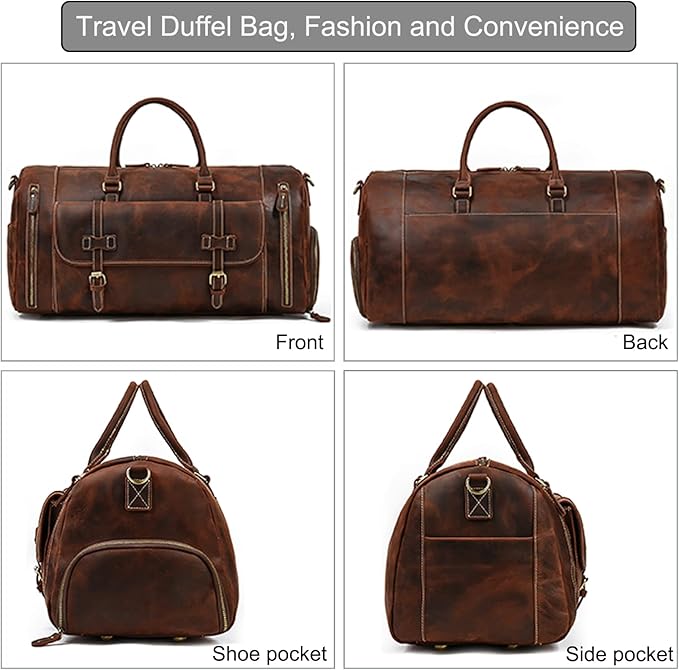 Full-grain Genuine Leather Travel Bag Large Capacity Duffel Luggage Bag with Shoe Compartment, Men Women Shoulder Bag for Weekend Holiday Business Trip, 58cm