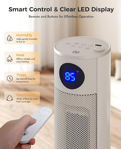 Space Heater with Humidifier - Portable Tower Heaters for Indoor Use, Remote, Adjustable Thermostat, 3 Heat Modes, Multiple Safety Protection, 12H Timer, Quiet Electric Heater for Bedroom