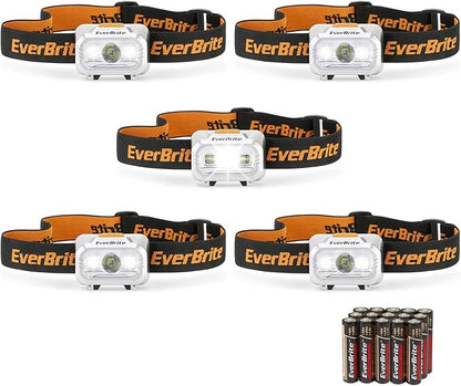 EverBrite LED Headlamp, 4 Lighting Modes, Pivoting Head with Adjustable Headband, IPX4 Water Resistant Perfect for Running, Camping, Hiking, Christmas and Emergency, 3 AAA Battery Powered(5 Pack)