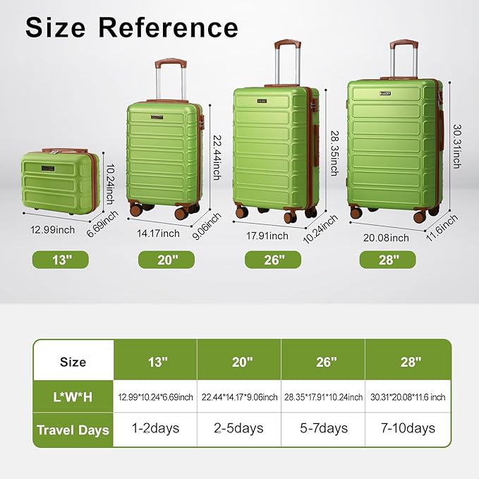 4 Piece Luggage Set Expandable ABS Travel Suitcase Set TSA Lock Hardshell Durable Lightweight Traveling Luggage Sets Gift for Back to School (Apple Green, 28in26in20in13in)