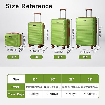 4 Piece Luggage Set Expandable ABS Travel Suitcase Set TSA Lock Hardshell Durable Lightweight Traveling Luggage Sets Gift for Back to School (Apple Green, 28in26in20in13in)