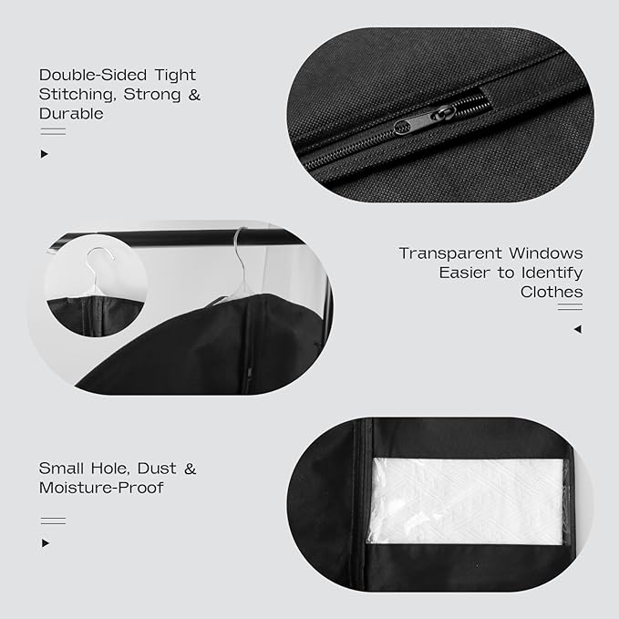 3 Pack Heavy Duty Garment Bags for Travel Suit Bags, Dress Bags, Garment Bags for Hanging Clothes with Pockets Men's Suit Holder for Shirts, Coats, Dresses (Black, 3Pack 40")