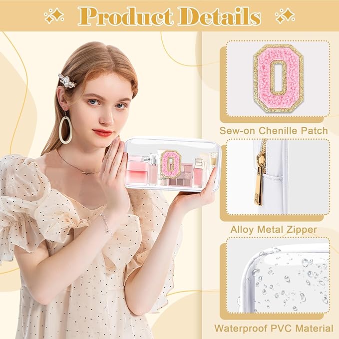 Personalized Initial Letter Clear Makeup Bag,Preppy Small Nylon&PVC Cosmetic Zipper Bag with Chenille Letter,Travel Skincare Toiletry Bag,Monogram Christmas Gift for Teen Girls Women,O