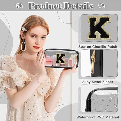 Personalized Initial Letter Clear Makeup Bag,Preppy Small Nylon&PVC Cosmetic Zipper Bag with Chenille Letter,Travel Skincare Toiletry Bag,Monogram Christmas Gift for Teen Girls Women,K