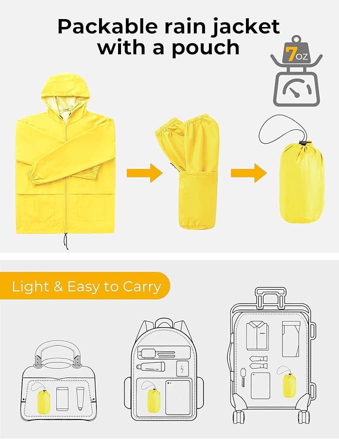 COOFANDY Mens Packable Rain Jacket Lightweight Waterproof Raincoat with Hood Outdoor Rain Gear Travel Hiking Cycling