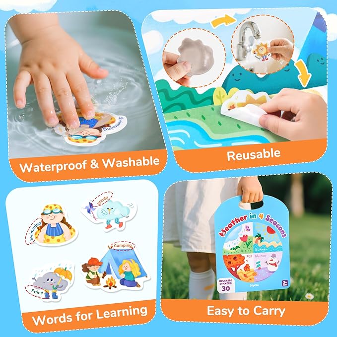 JoyCat Reusable Sticker Book - Jelly Stickers for Toddlers, Kids Sticker Activity Book, Travel Toys for Road Trip, Car & Airplane, Educational Learning Gifts for Boys and Girls Ages 3-5 (Weather)