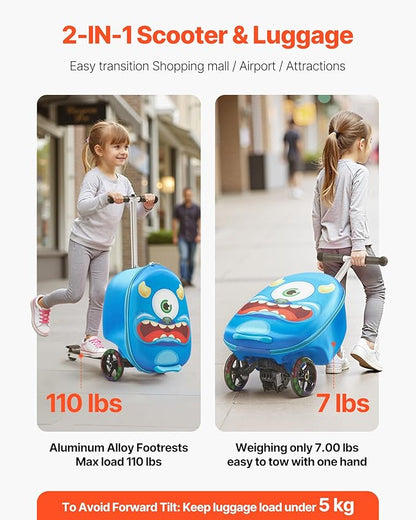 VEVOR Ride-on Luggage, 20 L Capacity, 20 Inches Kids Scooter Suitcase with Flash PU Wheels, Adjustable Handle & TPR Non-Slip Grip, Foldable & Lightweight Scooter Luggage for Kids Aged 5+, Blue