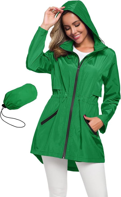 Avoogue Women's Long Raincoat with Hood Outdoor Lightweight Windbreaker Rain Jacket Waterproof