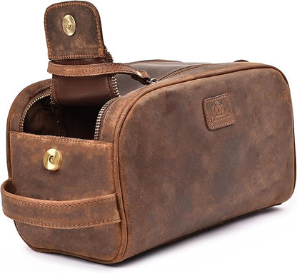 King-Size Premium Leather Toiletry Travel Pouch – Handcrafted Vintage Dopp Kit Bag with Waterproof Lining, Spacious Design for Travel Essentials, Elegant Brown Finish