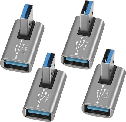 90 Degree USB 3.0 Adapter 4 Pack, Middle Left and Right Angle USB A Male to Female Connector Converter USB L Shape Extender, Support Charge & Data Sync for PC, Laptop, Mouse, Keyboard, USB A Charger