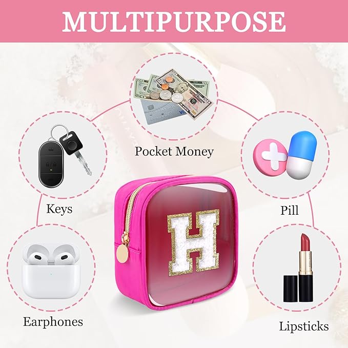 Mini Clear Personalized Initial Makeup Bag,Nylon Preppy A-Z Chenille Letter Patch Zipper Cosmetic Bag, Small Cute Beach Pouch Travel Purse Sanitary Napkin Storage Bag for Women Girls(Hot Pink-White H)